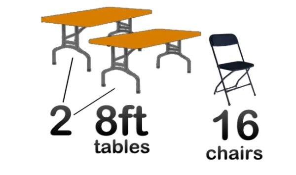 2 8ft Rectangle Tables & 16 Black Chairs